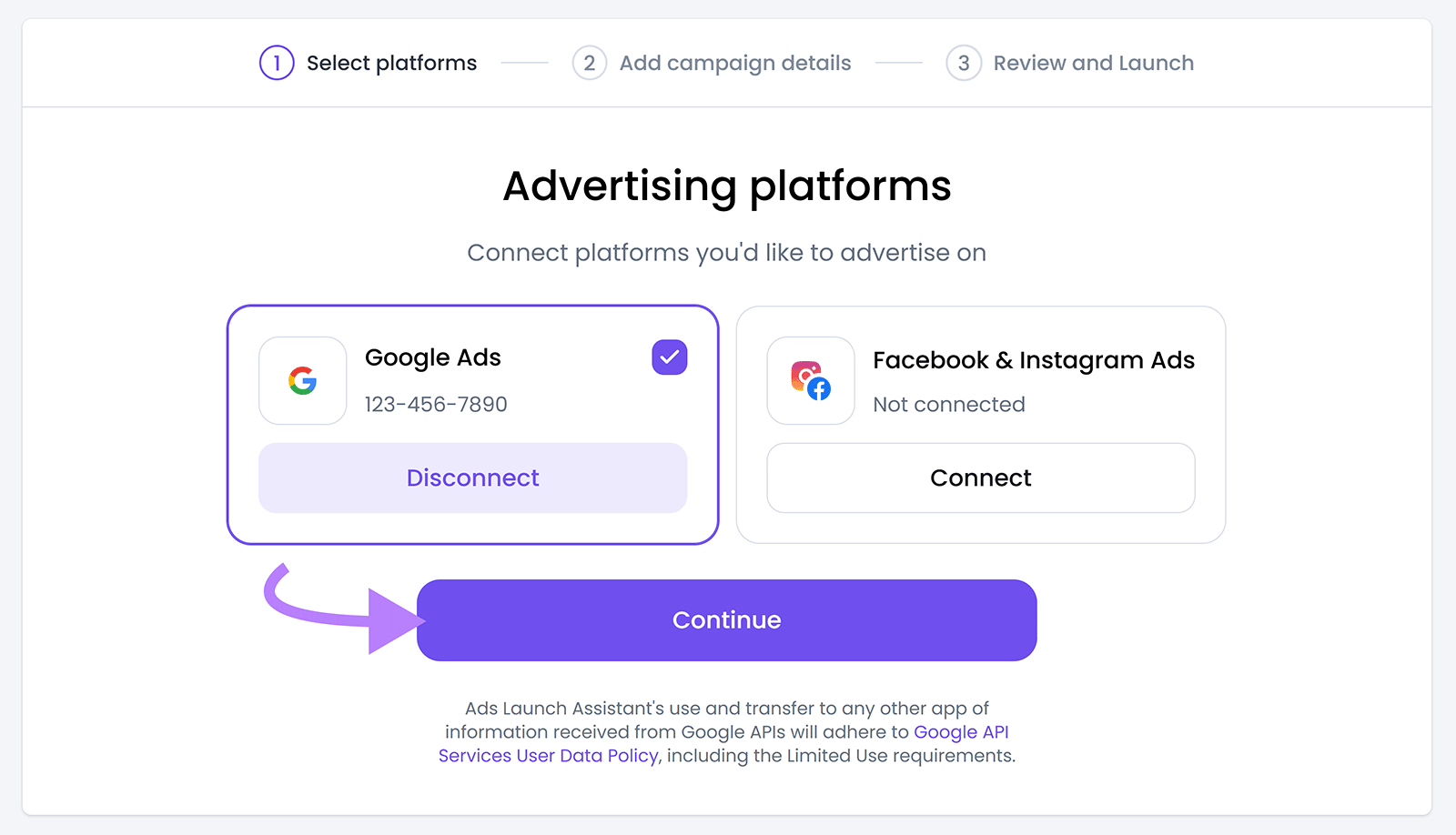 Advertising platforms step with Google Ads connected and arrow pointing to Continue button.