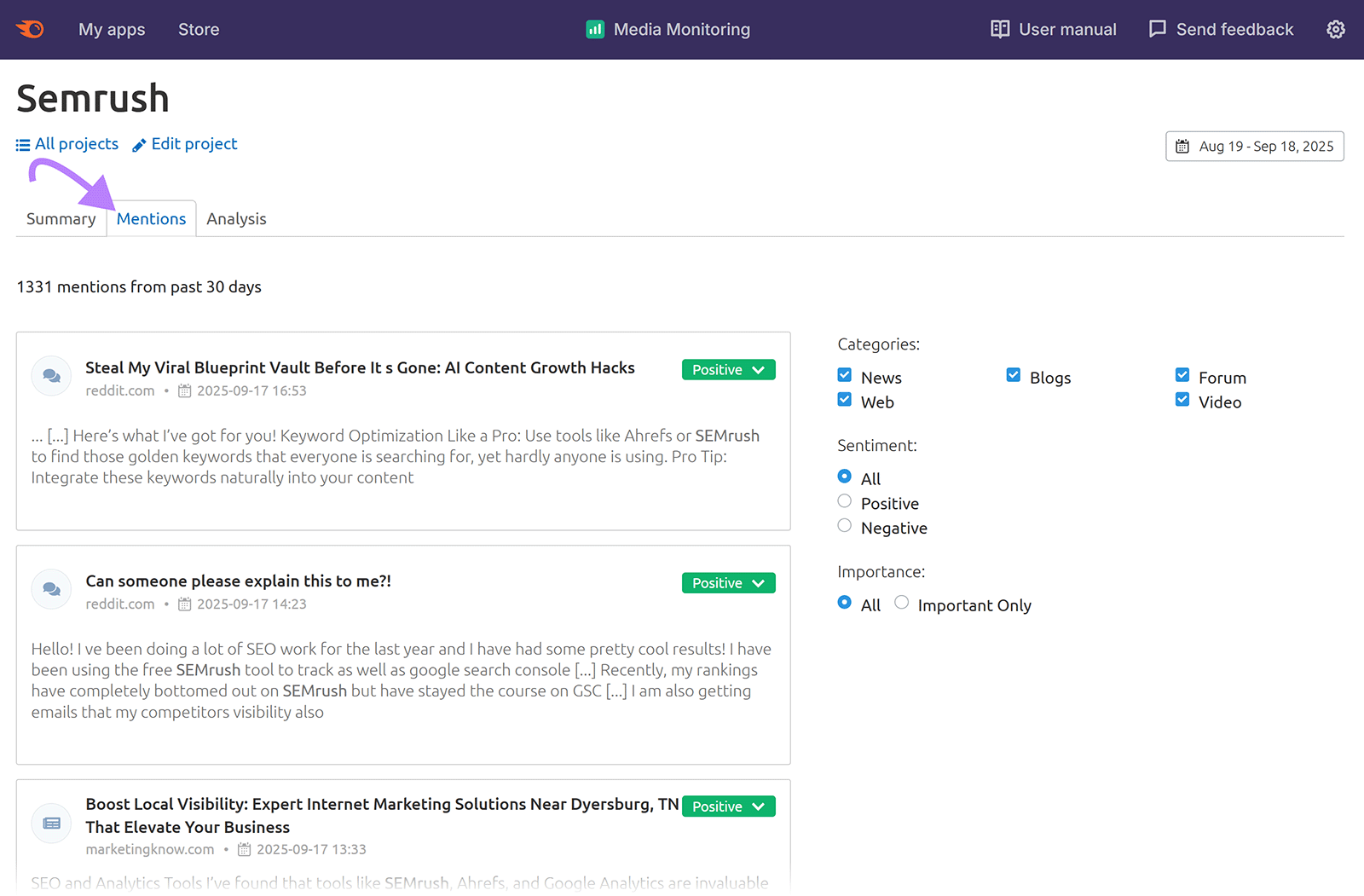 Media monitoring dashboard with arrow pointing to the Mentions tab.