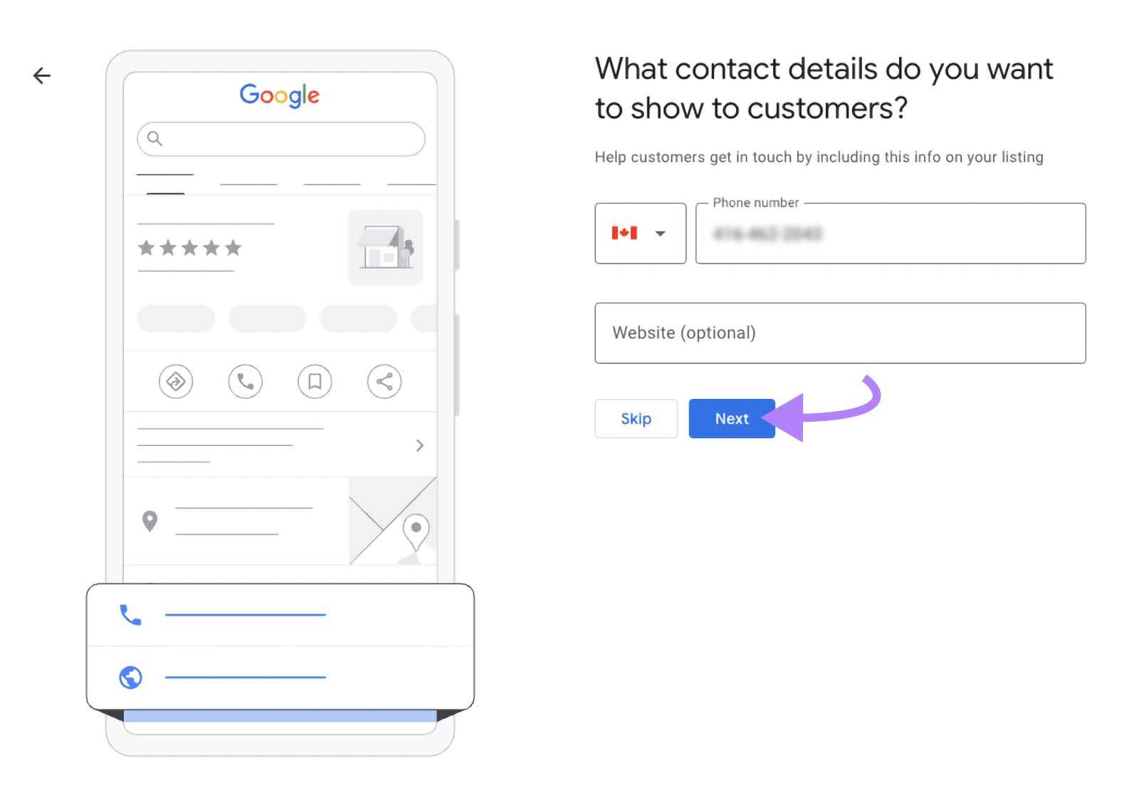 Business setup screen with phone number entered and arrow pointing to “Next.”