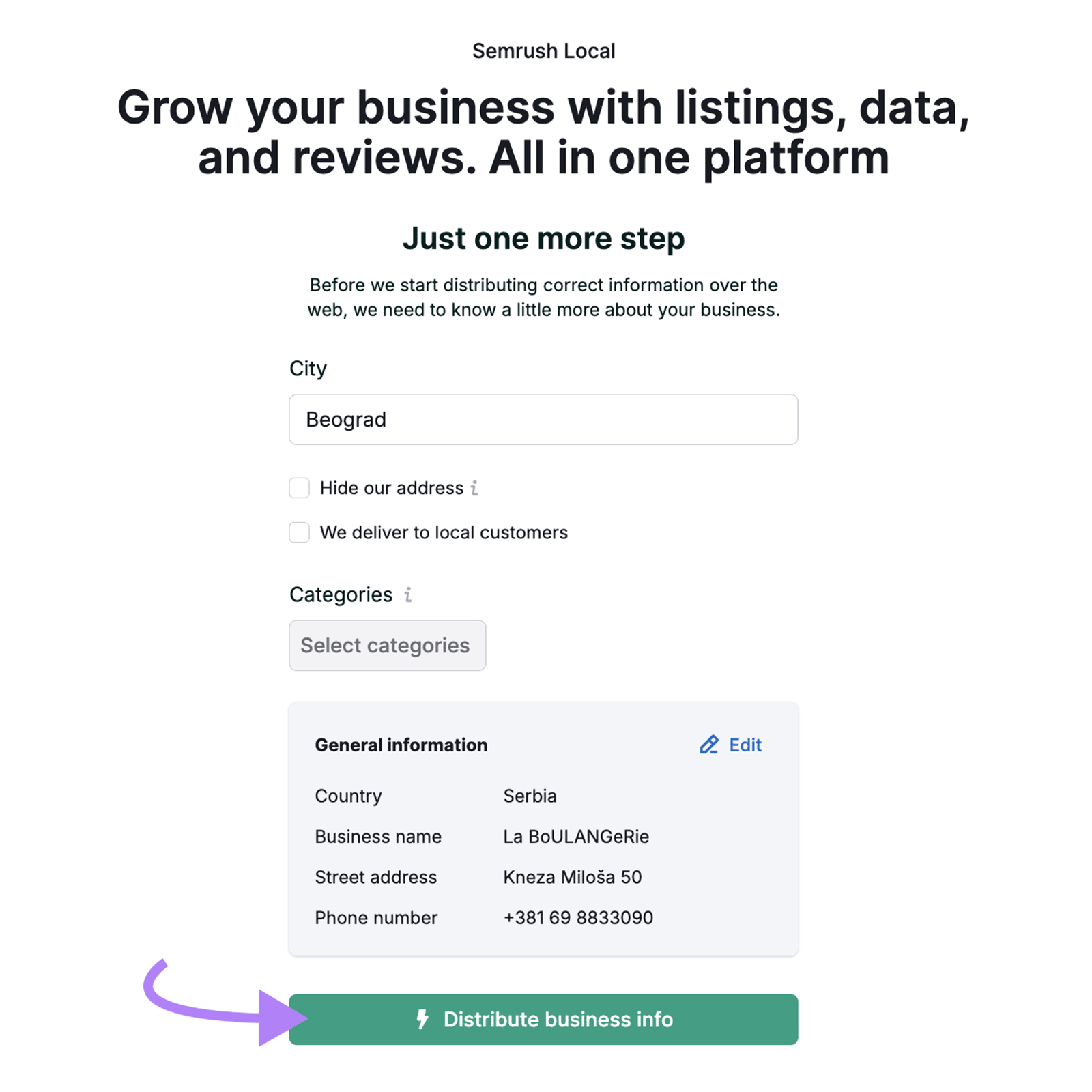 Semrush tool displaying business info and arrow to Distribute business info button.