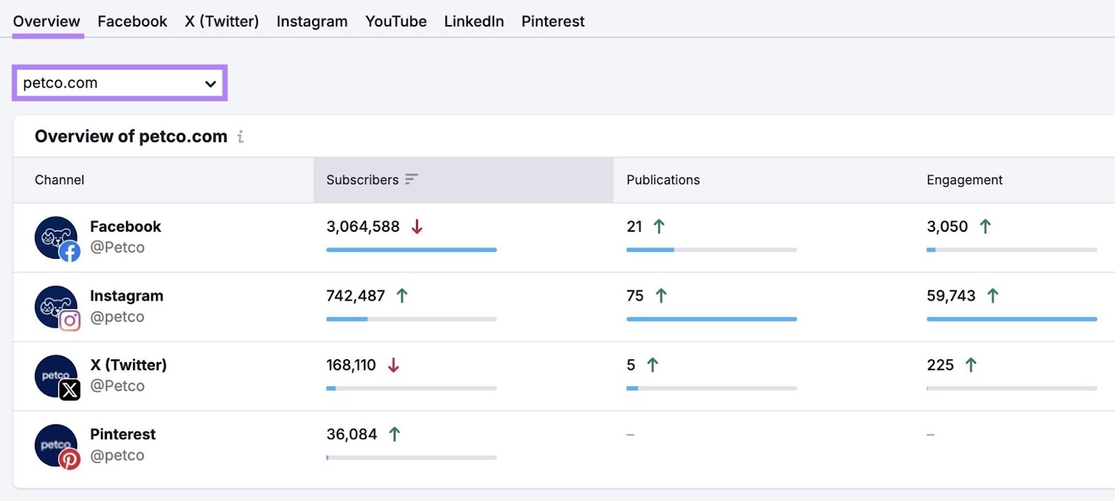 Social Tracker overview showing the follower count and engagement numbers on different channels for a domain.