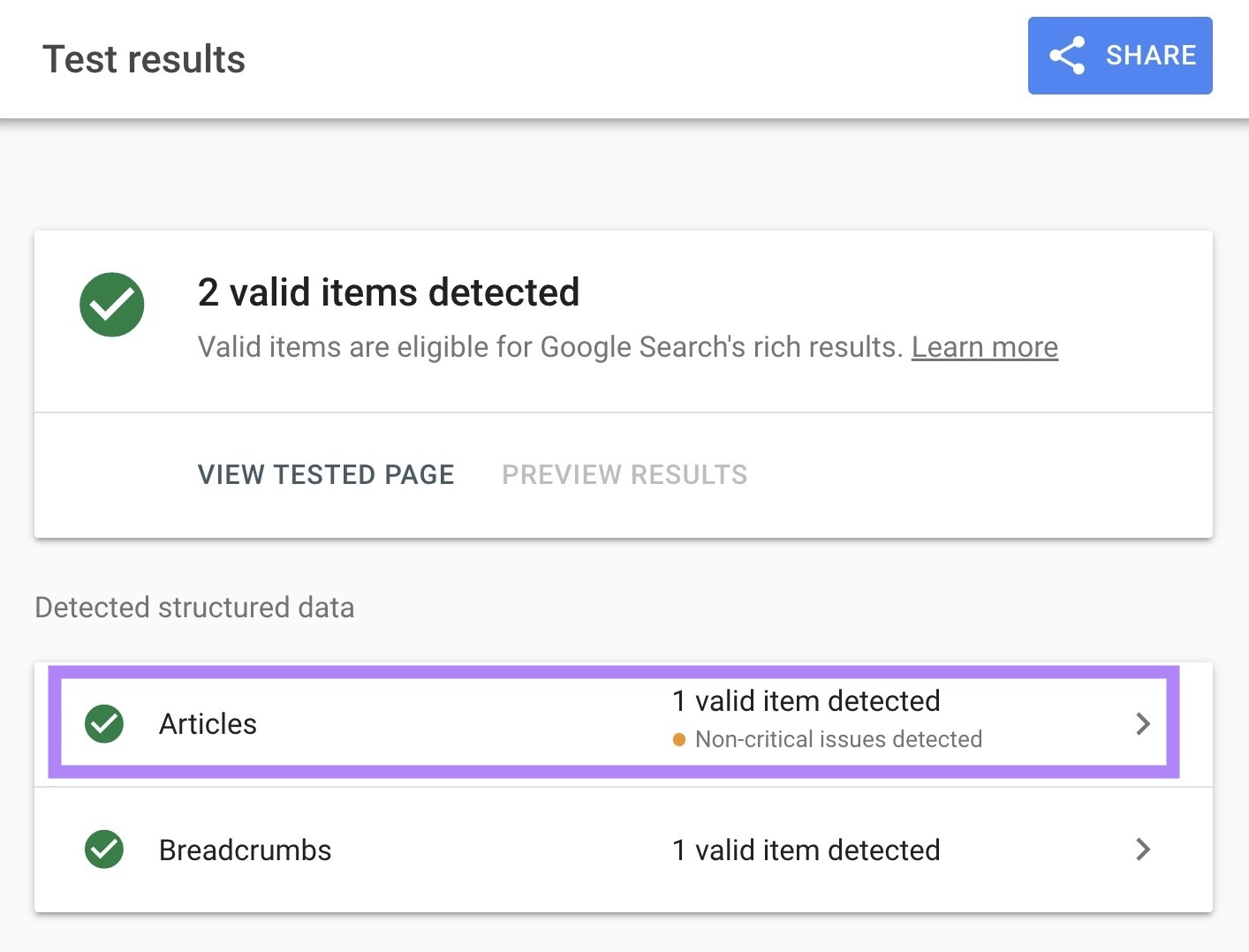 Rich Results Test for a page detecting non-critical issues with article schema.
