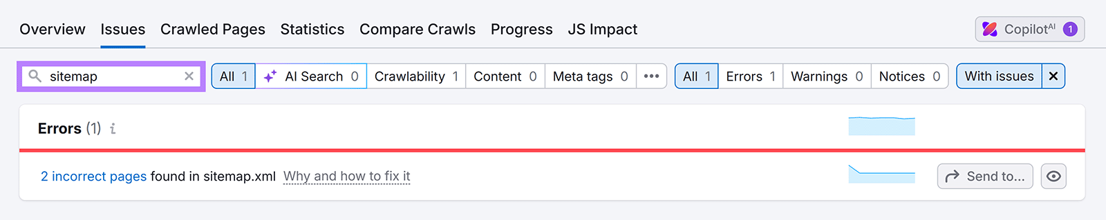 Semrush Site Audit Issues tab search results for 'sitemap' showing 2 incorrect pages error.