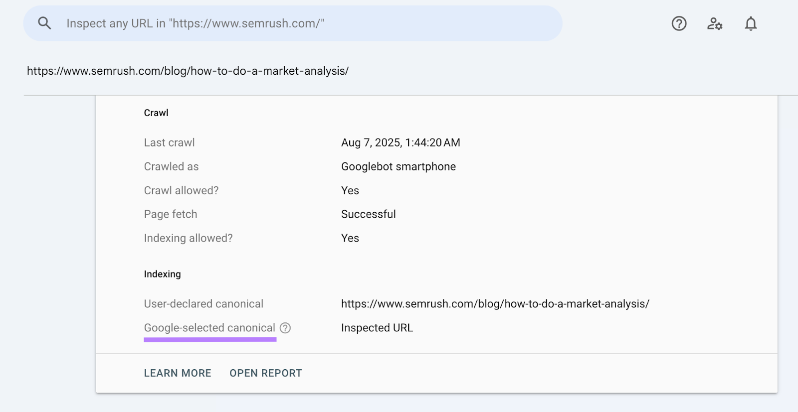 The page indexing drop down shows the Google-selected canonical and user-declared canonical.