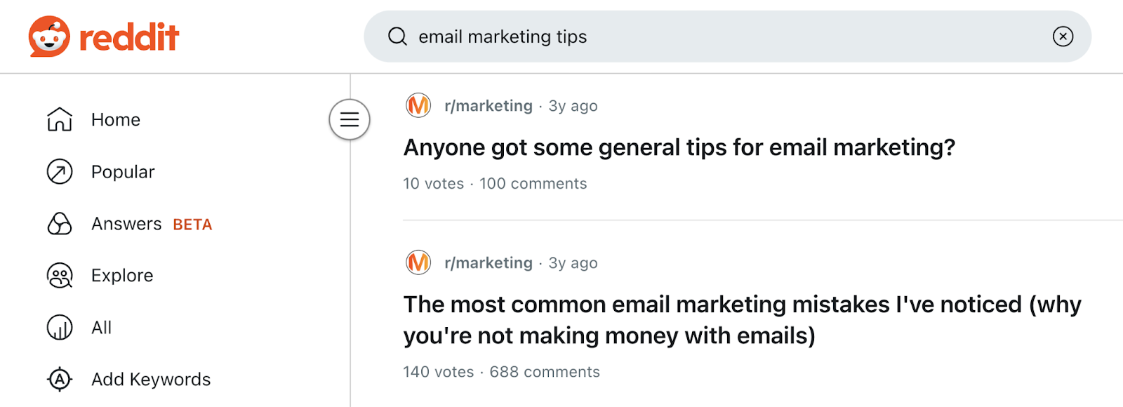 A query is entered into the search bar with results showing threads with similar keywords.
