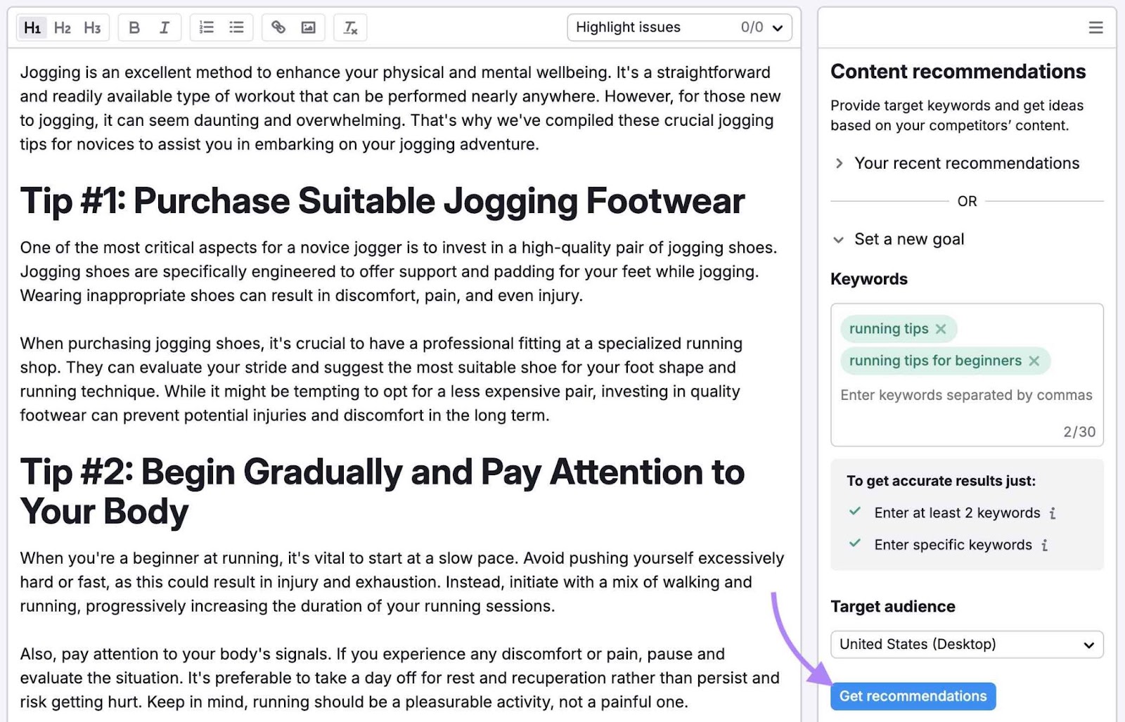 SEO Writing Assistant with content entered, keywords added, a target location added, and "Get recommendations" clicked.
