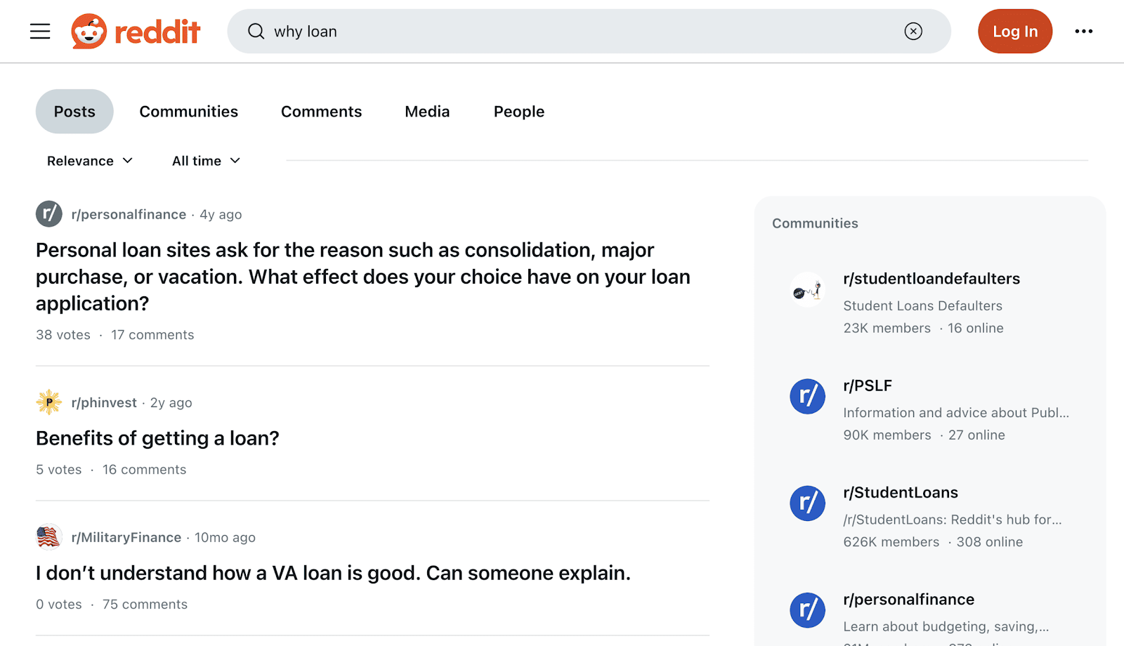 Reddit search results for "why loan" including a post called "Benefits of getting a loan?"
