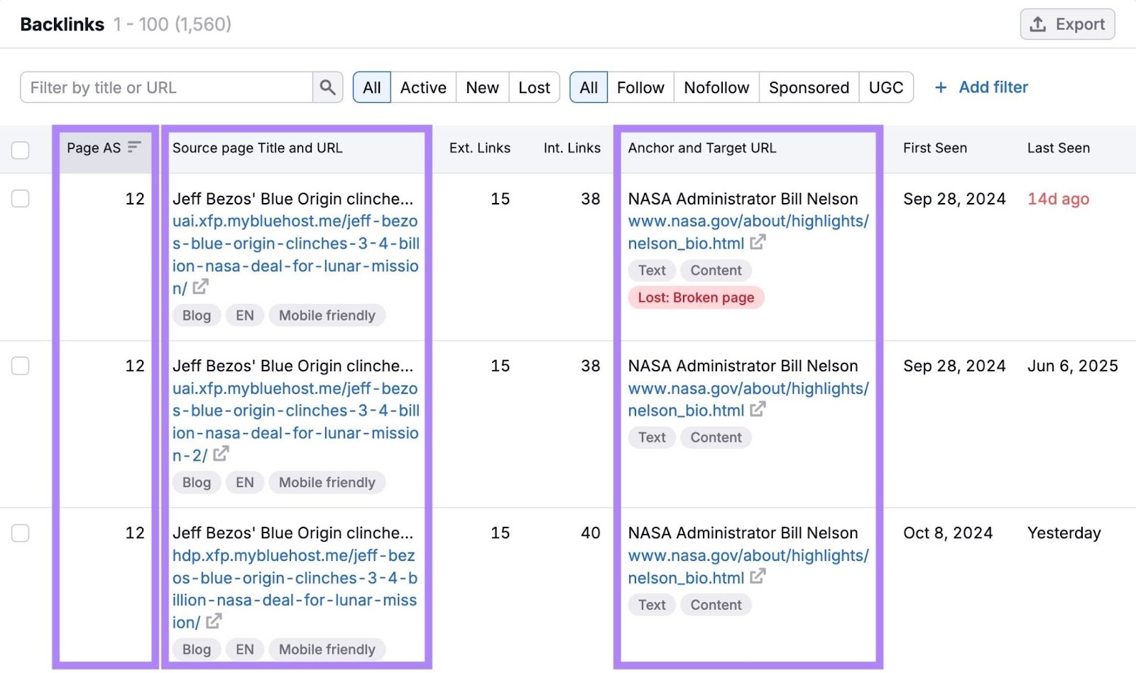 Page authority score, source page title and URL, anchor and target URL columns highlighted on the "Backlinks" report in the Backlinks tool.
