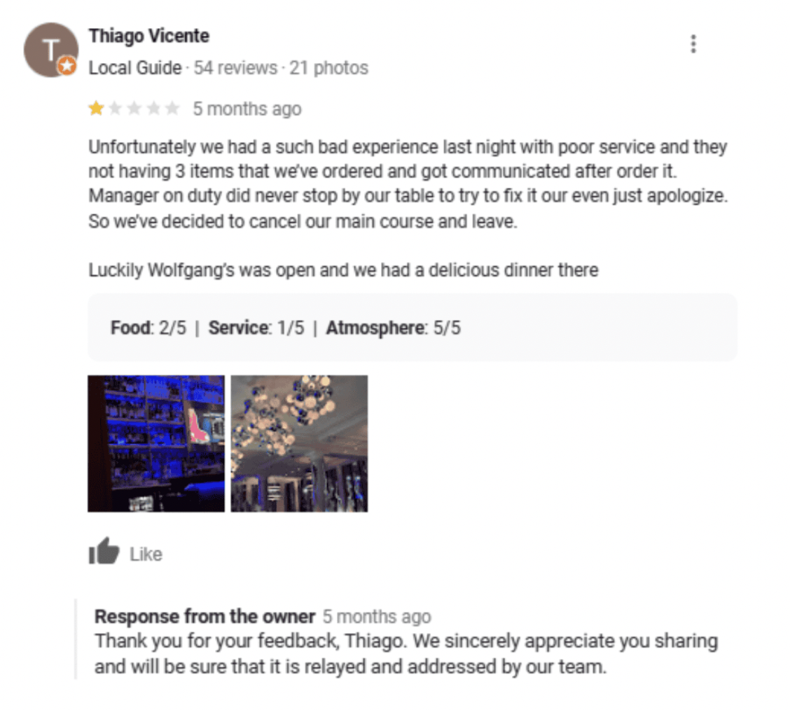 Negative review response example on Google