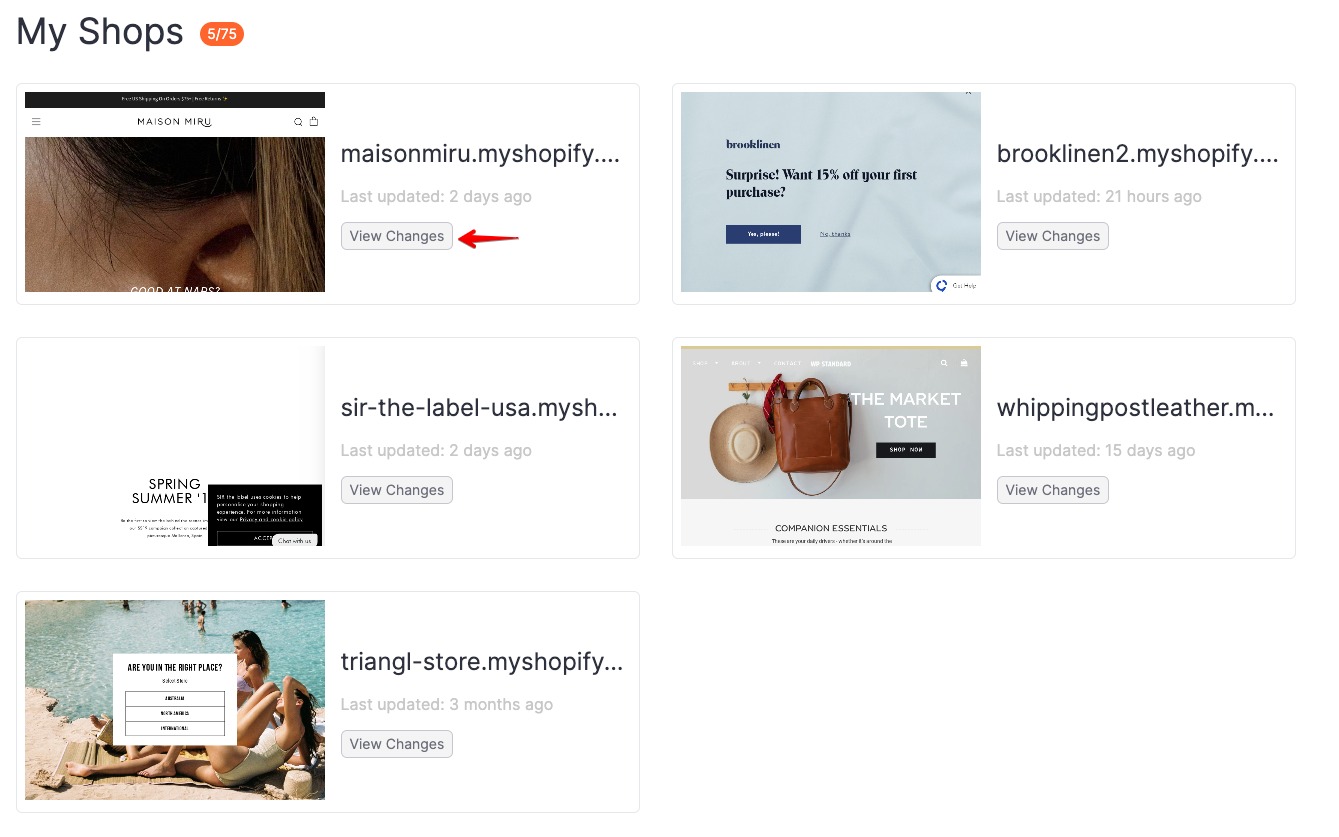 The &lsquo;my shop&rsquo; section with an arrow pointing to the &lsquo;view changes&rsquo; button on the first tile.