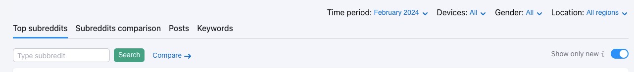 The top of the Trend Analytics for Reddit app. The options to toggle between time period, device, gender and location move from the centre of the app towards the right hand side.&nbsp;