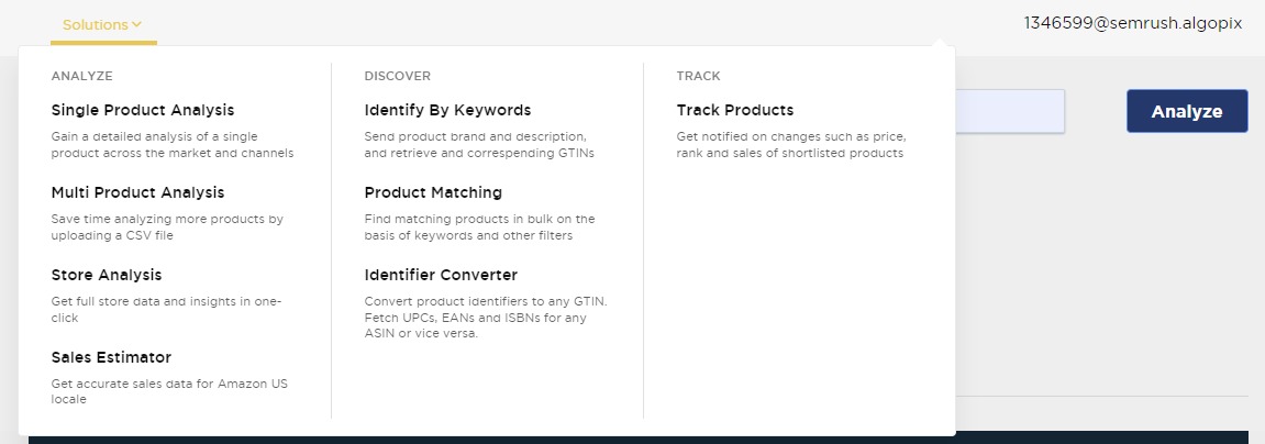 The &lsquo;Solutions&rsquo; available in Product Research Pulse