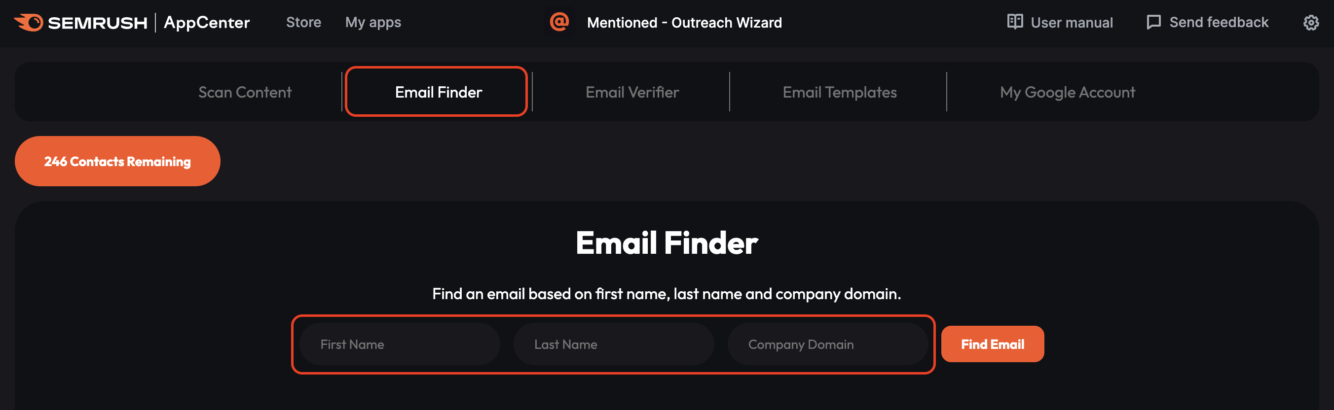 Enter the person&rsquo;s first and last name and company domain to source their email address using the Mentioned - Outreach Wizard app.