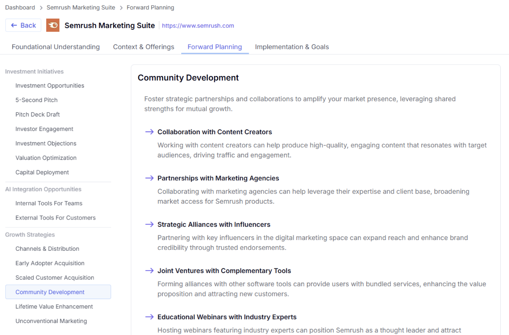 The &lsquo;Growth Strategies&rsquo; section of the &lsquo;Forward Planning&rsquo; tab in AI Strategic Market Insights.