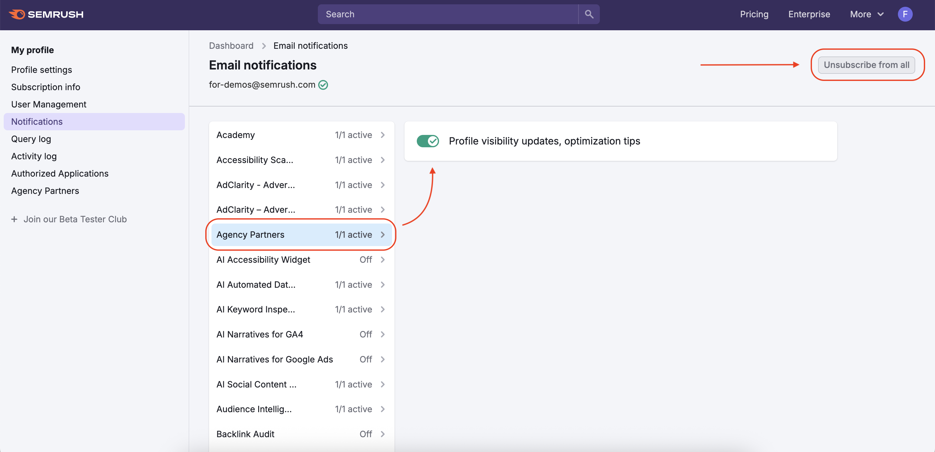 The Notifications section is highlighted in the left-hand menu. In the Notifications tab, an example shows how to unsubscribe from Agency Partners notifications&mdash;Agency Partners is outlined with a red rectangle, and a red arrow points to the unsubscribe toggle. The Unsubscribe from all button is also highlighted.