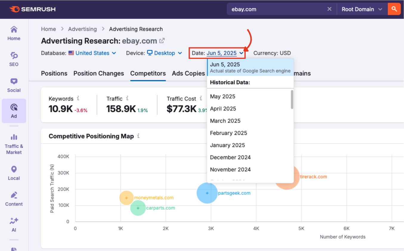 Date dropdown in Advertising Research with month selection visible.