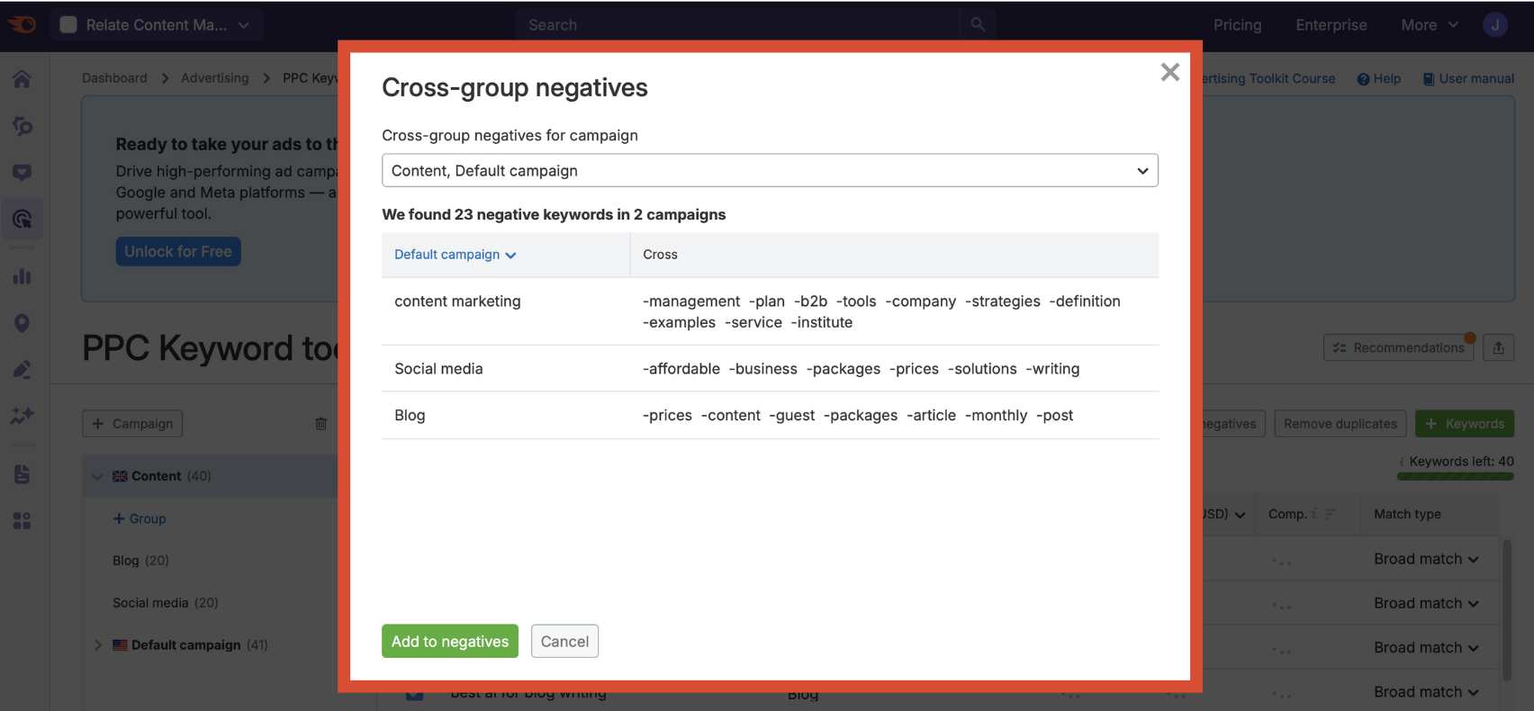 Cross-group negatives interface showing overlap detection between ad groups.