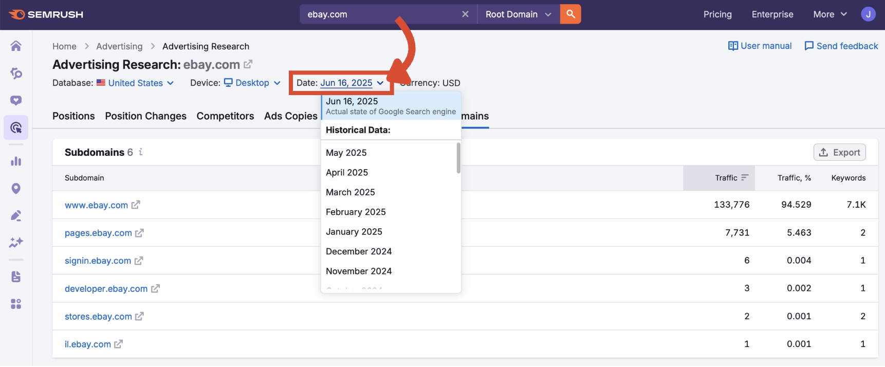 Date selector set to the Actual state of Google Search engine.