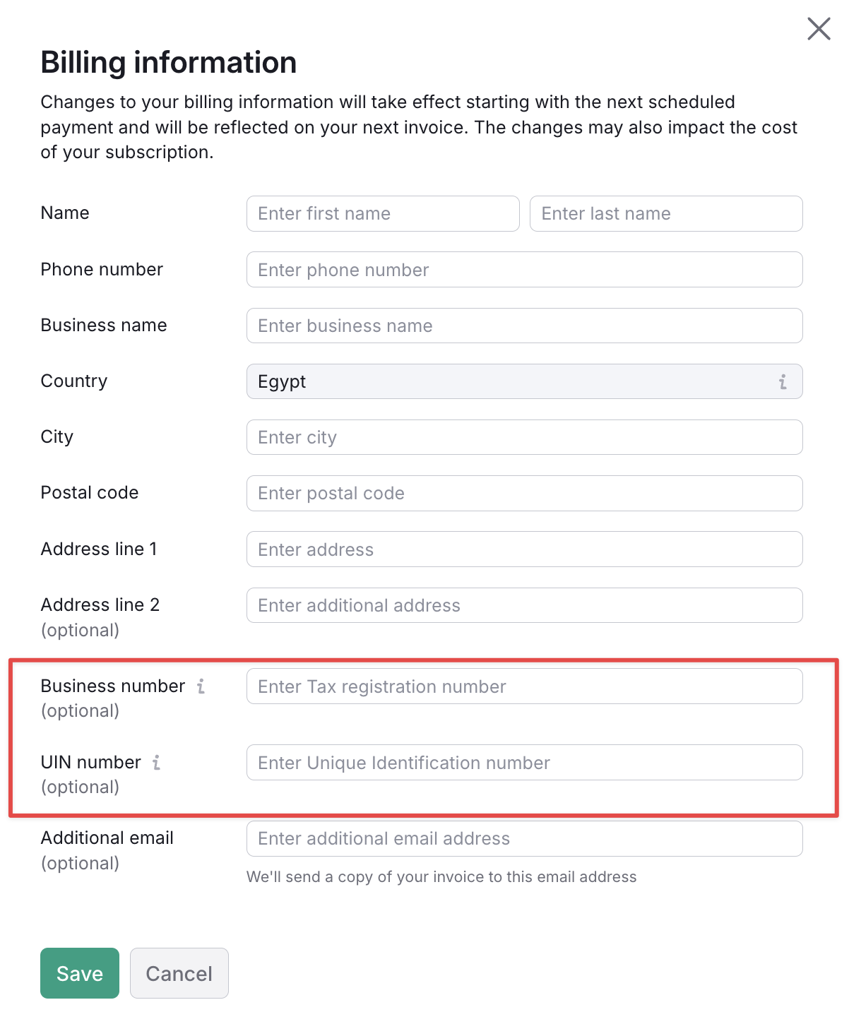 Billing information form with two highlighted fields: Business number and Unique Identification Number (UIN).
